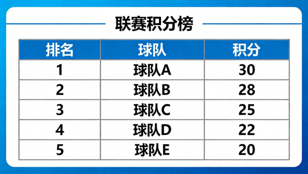 联赛积分榜数据页面，展示多支球队排名与积分